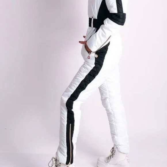 winter SNOWSUIT white album black stripe womens skisuit belted insulated pockets - Picture 1 of 16